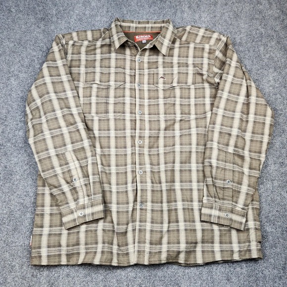 Simms Fishing Shirt Jacket Mens 3XL Brown Tan Plaid Lined Button Down Outdoor - Picture 1 of 8
